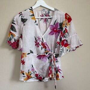 Old Navy White Multicolor Floral Wrap Blouse Top Linen Cotton Women Small